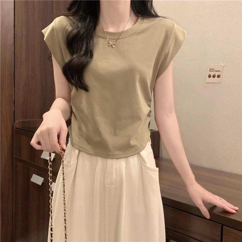 Women's 2025 Summer Straight Shoulder Slimming Fly Sleeve T-Shirt with Ruched Waist