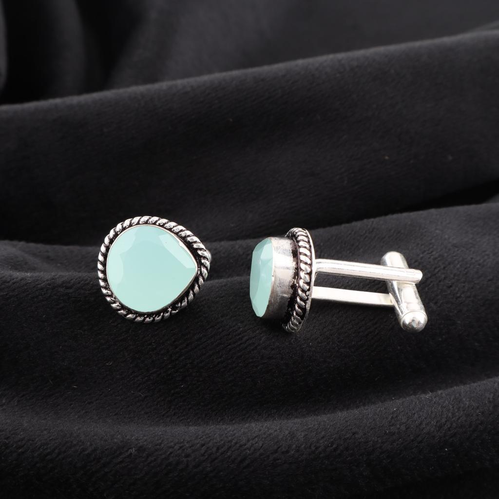 Aqua Chalcedony Gemstone 925 Sterling Silver Jewelry Handcrafted Cufflinks 0.62" CL-8-15