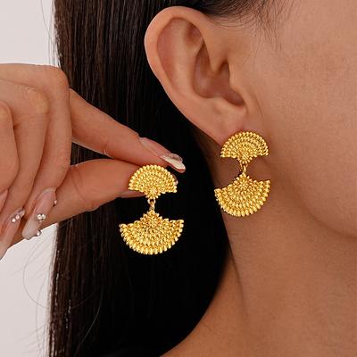 Vintage Heavy Industry Fan Geometric Silver Needle Earrings Real Gold Electroplating Premium Earrings