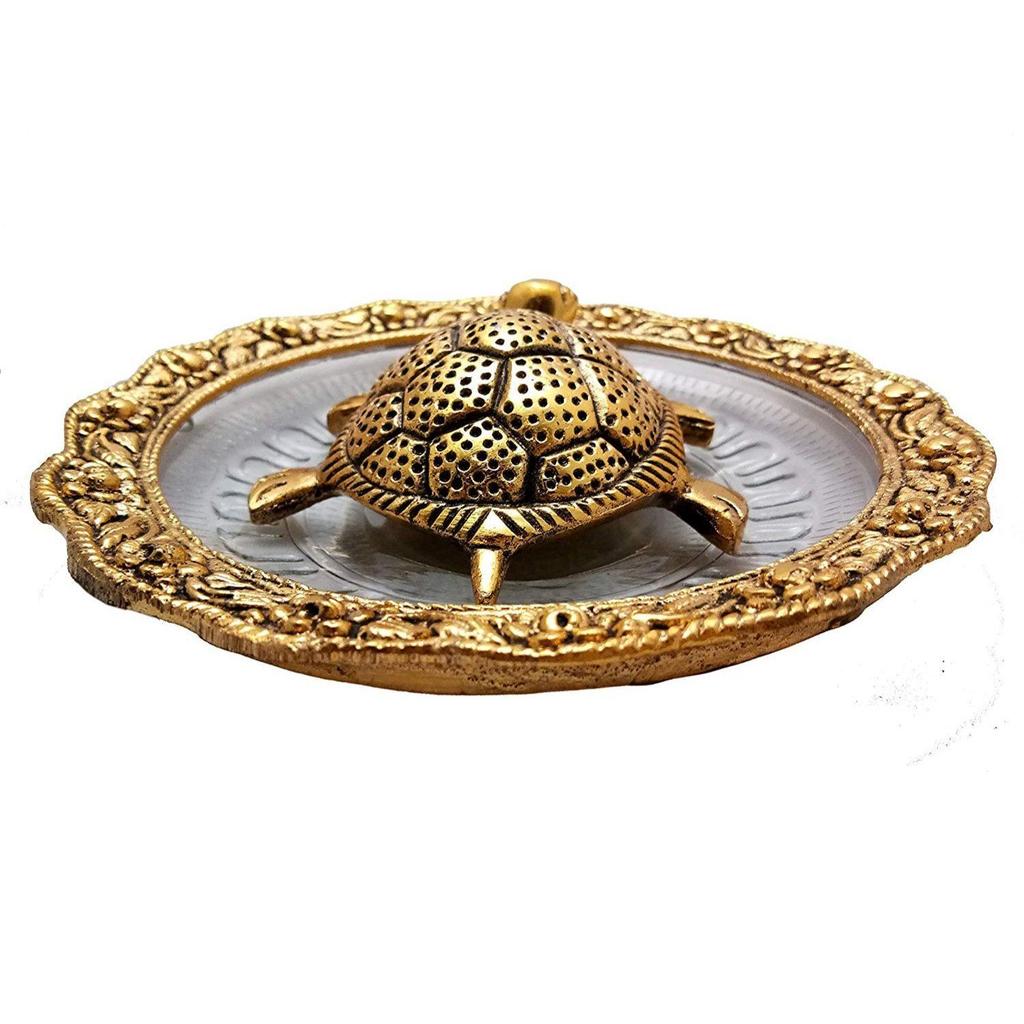 Metal Feng Shui Tortoise On Plate Fantasy Showpiece (Golden, Diameter: 5.5 Inch)