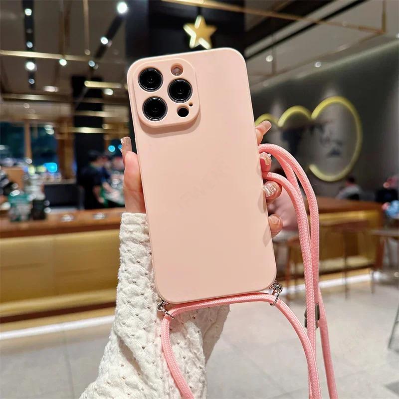 Crossbody Lanyard Candy Color Phone Case For Iphone 17 Air 16 16E 15 14 13 12 11 Pro Max Plus Silicone Soft TPU Back Cover