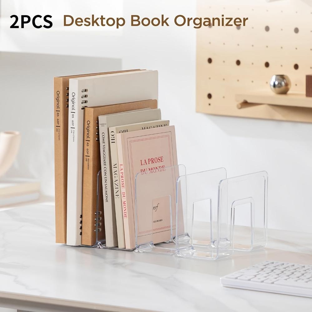 2pcs Transparent Acrylic Desk Book Stand, Desktop Book Organizer Shelf, Clear Book Divider Rack for Student Study Desk