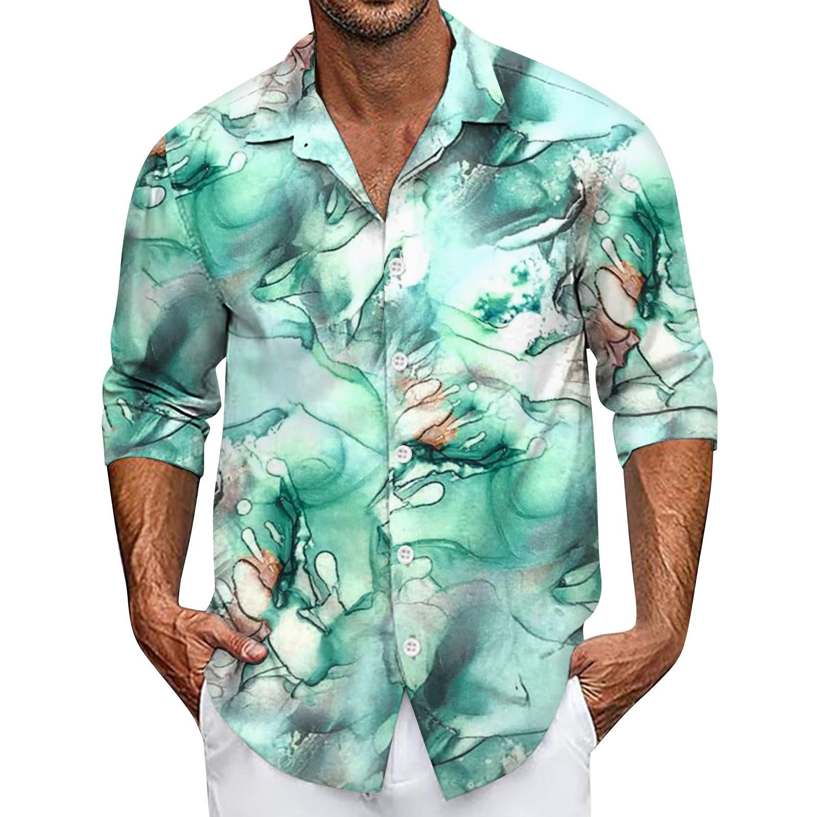 

Мужская летняя новая свободная рубашка с длинным рукавом с принтом, кардиган, пляжная рубашка XL циан