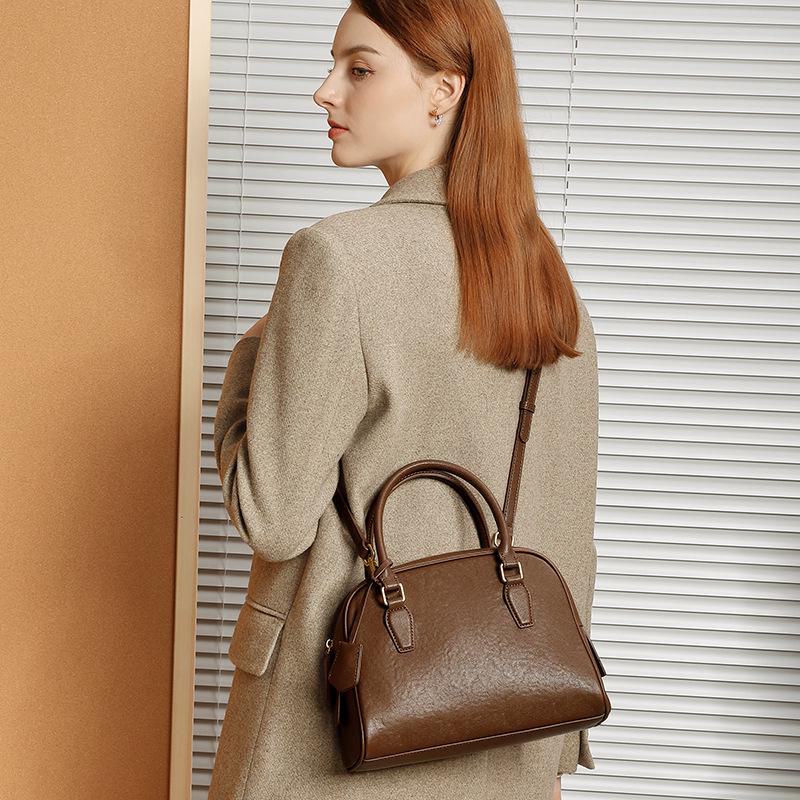 Women's Genuine Cowhide Leather Boston Bag - Minimalist Large Capacity Handbag