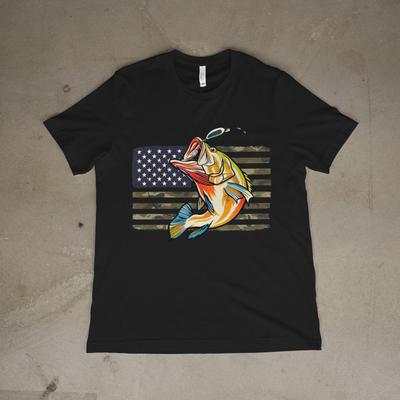 Patriotic Bass Fishing Shirt American Flag Camo Angler Graphic Tee