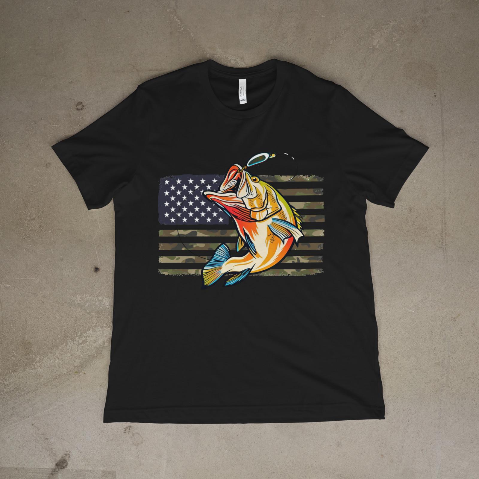 Patriotic Bass Fishing Shirt American Flag Camo Angler Graphic Tee 4XL