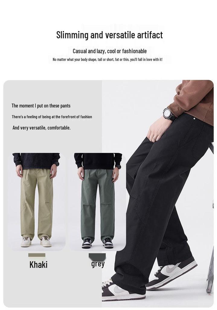 Men's Japanese Style Wide-Leg Casual Pants, Solid Color Straight-Leg, Versatile Cargo.