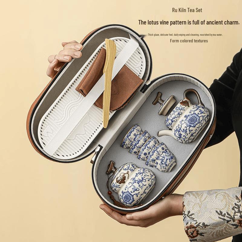 Ru Kiln Twining Lotus Travel Tea Set