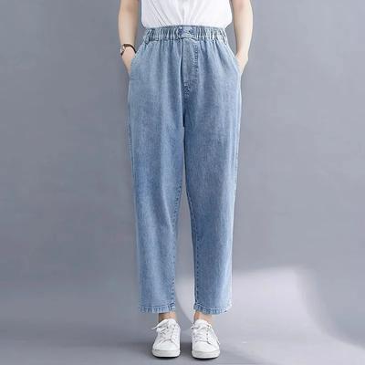 Damen Jeanshose in Übergröße, hohe Taille, lockerer Denim, elastische Taille, Frühlings-Basic-Taschen-Hose