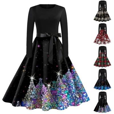 Women's Vintage Classic Dress Neck Waist Bow Tie Long Sleeves Christmas Printed Round Neck Swing Dress