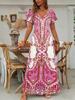 Women's 3D Retro Bohemian Print V-Neck Short Sleeve Long Swing Dress for Vacation