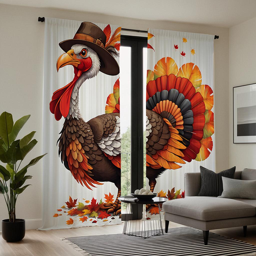 2 pieces of HD Turkey Festival wearing top hat big rooster decorative curtain Red tie digital printed curtain home decoration st