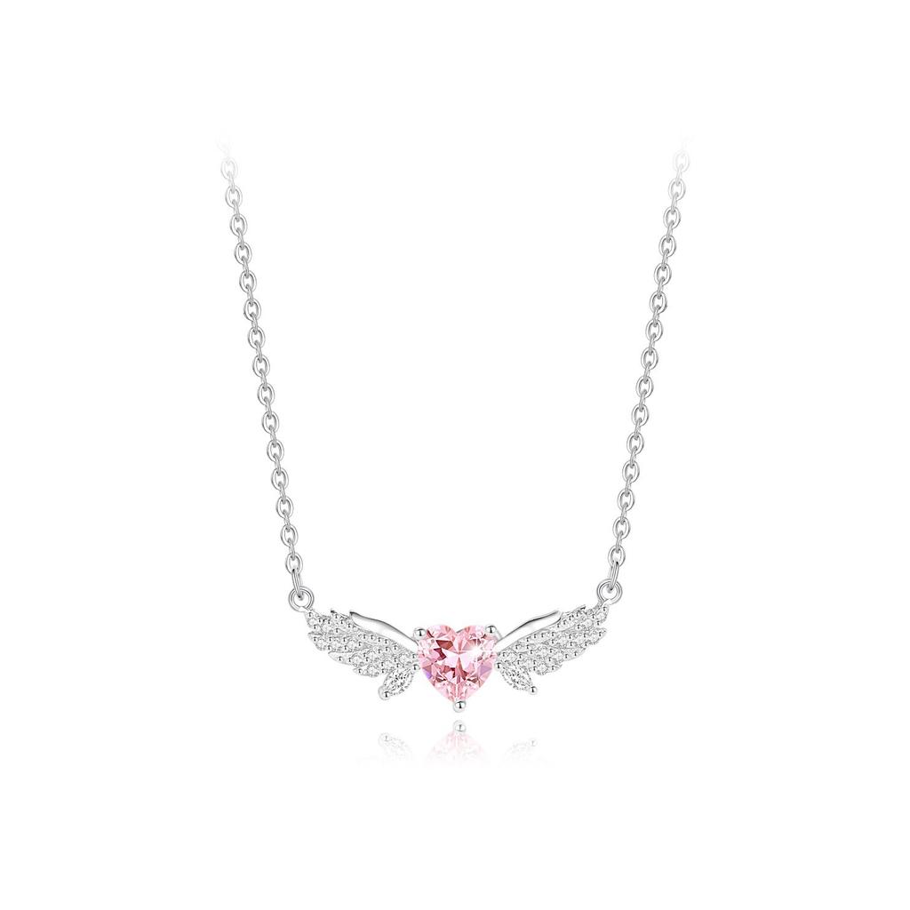 925 Silver Wings Heart Pendant Necklace for Women , Crystal Decorated Angel Wing Love Necklace , Fashion Daily Wear Jewe