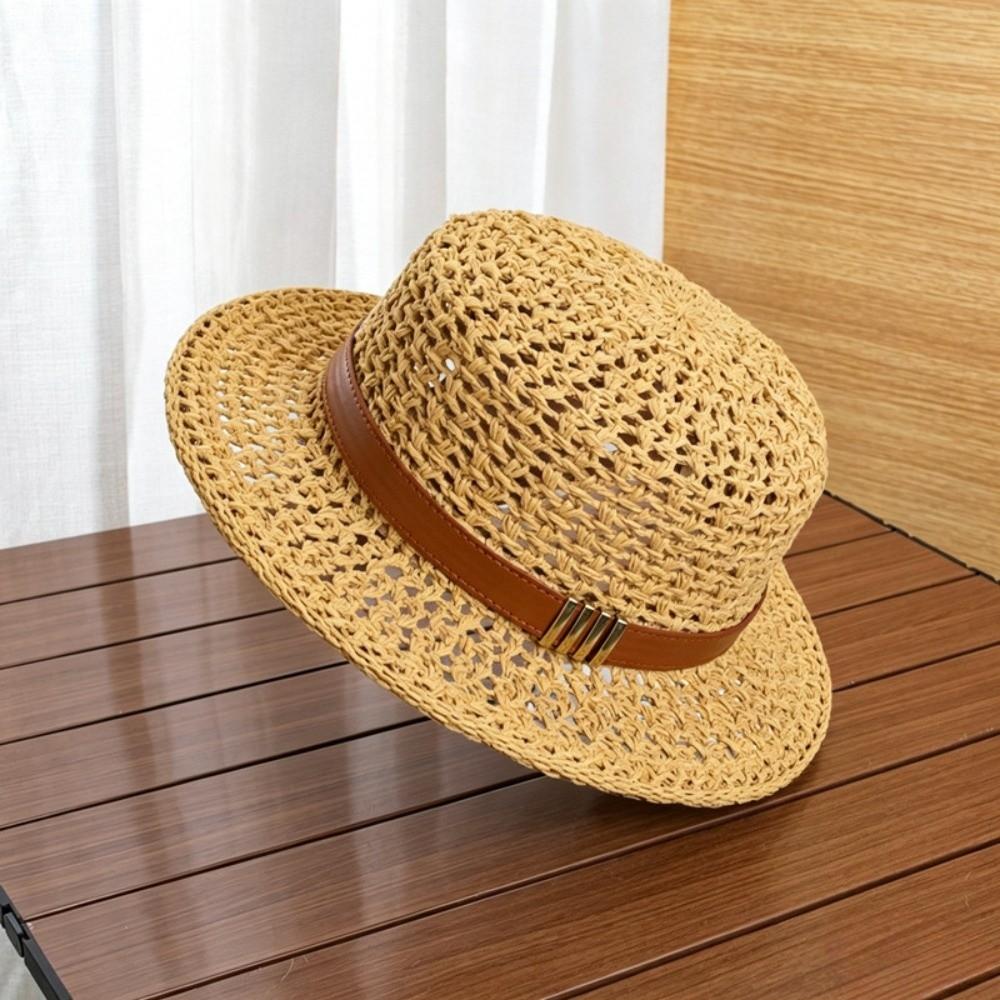 Sun Protection Straw Boater Hat Lightweight Flat Top Beach Hat Handwoven Sun Cap  Beach Vacation