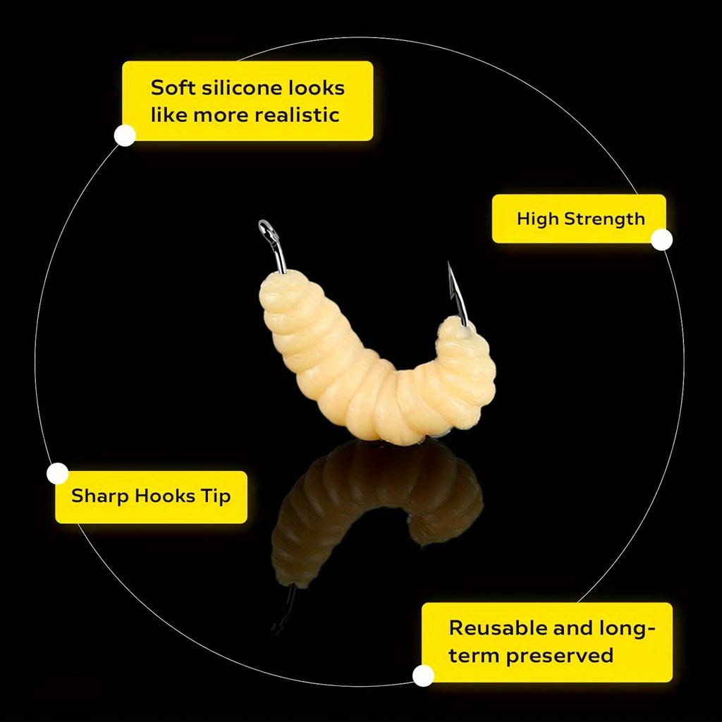 30pcs Yellow Rubber Maggots Fishing Bait Set with Hooks - Versatile Grub Lures for Bass, Trout, Crappie, Bluegill - Ideal for Freshwater Fishing