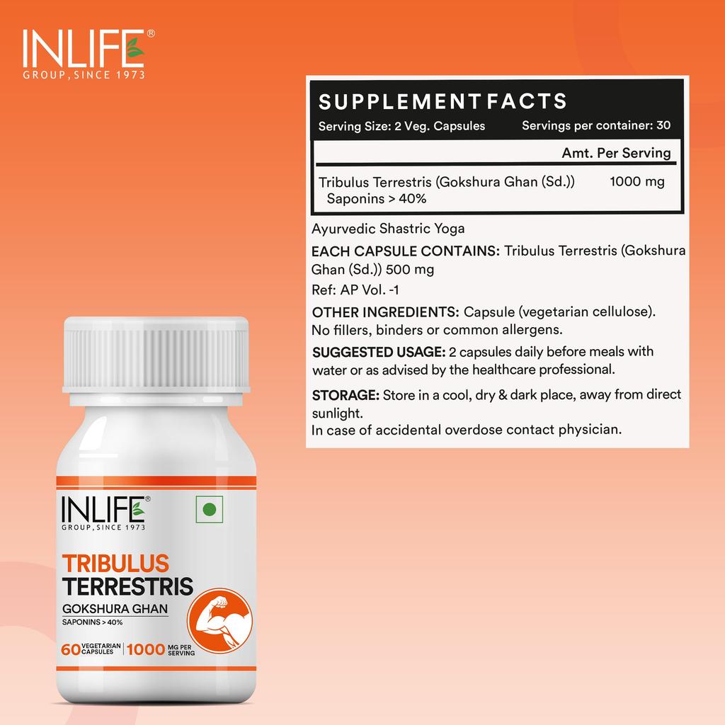 INLIFE Tribulus Terrestris Supplement 1000mg, Gokshura, 60 Veg Caps