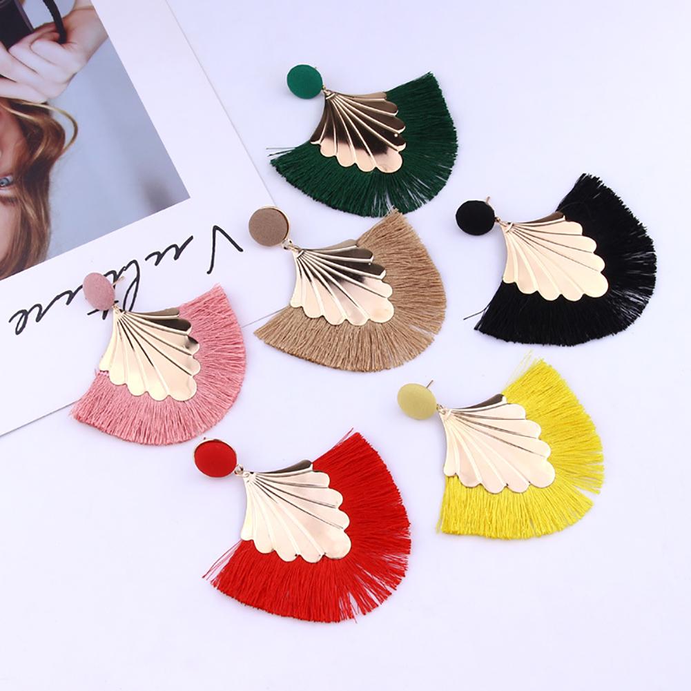 Stylish Bohemia Beach Party Fringed Fan Shape Dangle Women Stud Earrings Jewelry Gift