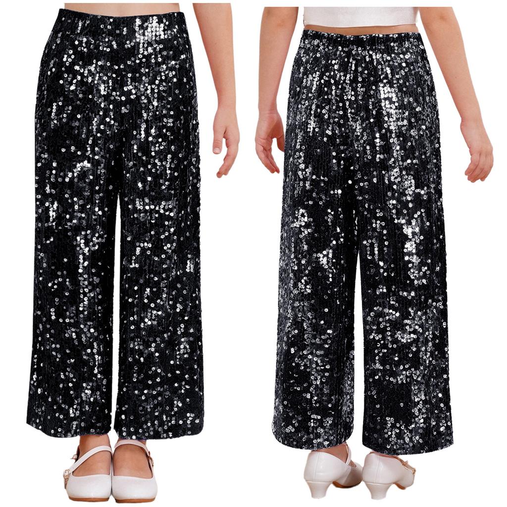 Girls Allover Sequin Pants Elastic Waist Loose Fit Fully Lined for Dance Stage Performance
