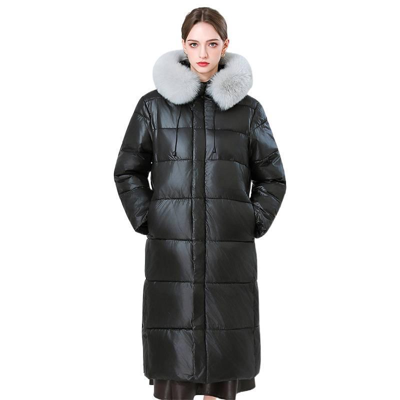 Knee-length leave-in glossy cotton-padded clothes for women's large fur-collared cotton-padded clothes, horizontal strips, pressing lines, plush and f