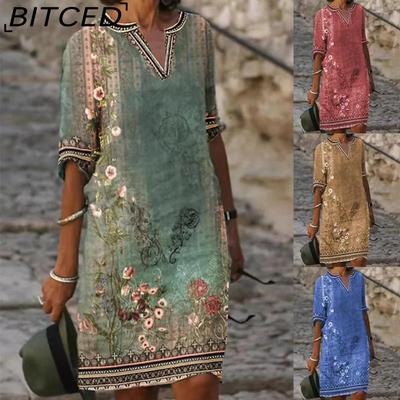 Abito T-shirt Sexy da Donna con Scollo a V Estivo da Donna Top a Maniche Corte Abito Midi Slim da Donna Gonna da Spiaggia Abito Stampato Abito Casual