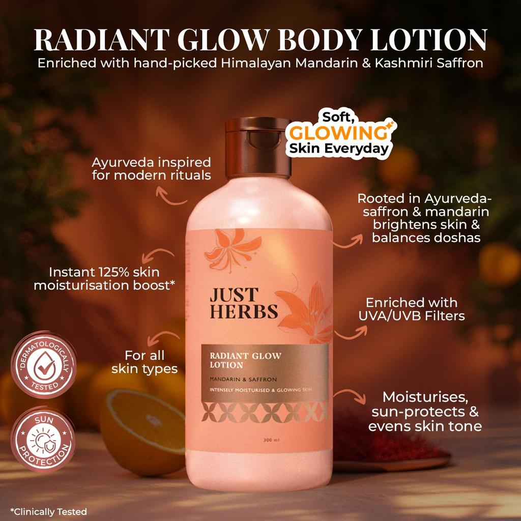 Just Herbs Radiant Glow Körperlotion mit UVA/B-Filtern | Für intensiv mit Feuchtigkeit versorgte & strahlende Haut | Bietet Sonnenschutz | Mandarine, Safran, Vit