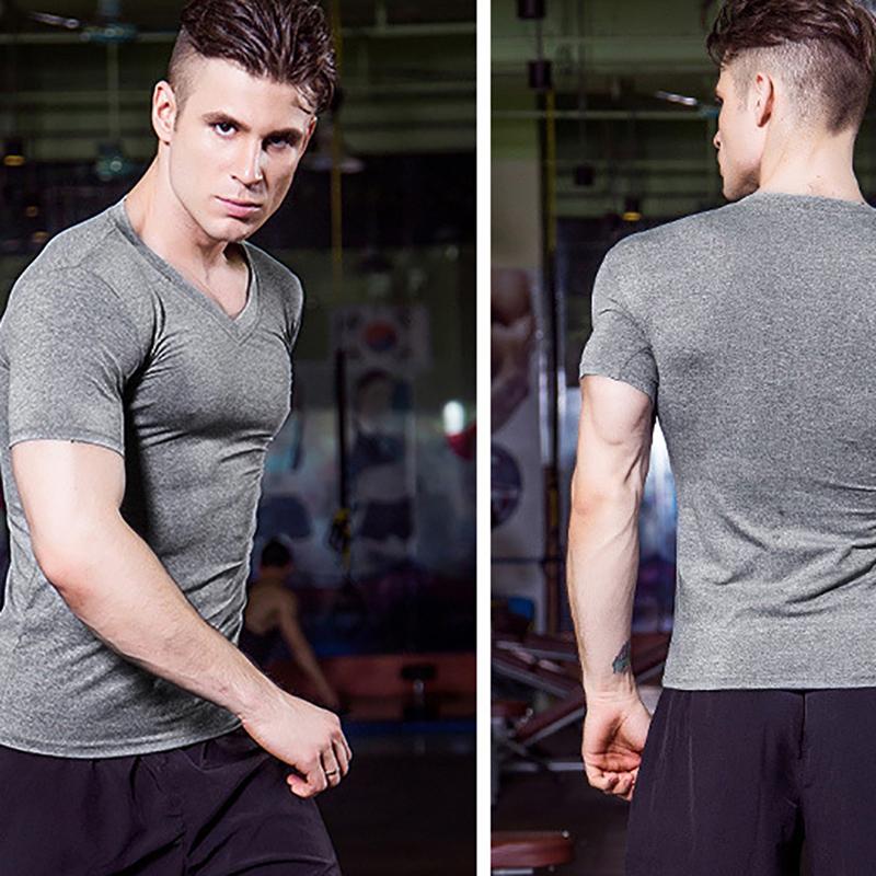 IELGY quick-drying running Men training sports short-sleeved V-neck tight-fitting high-stretch T-shirt
