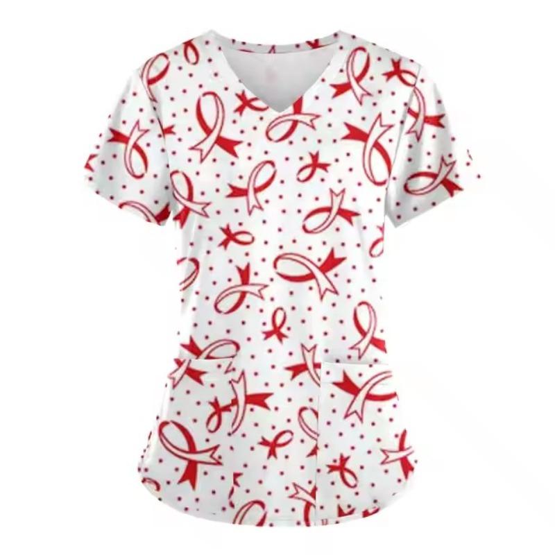 Scrubs Medicinsk Uniform Rosa Bandet Cancerkämpe Grafik Damuniformer V-ringad Kortärmad Toppar med Fickor Scrubs Damer