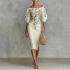 New Elegant Off-the-shoulder Half Sleeve Printed Slim Waist Midi Dress for Women, Cross-border Fashion for Europe America