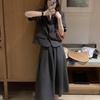 Grey Suit Casual Suit Women's Summer Thin 2026 New Medium Length Pleated Skirt Skirt French Two-piece Set