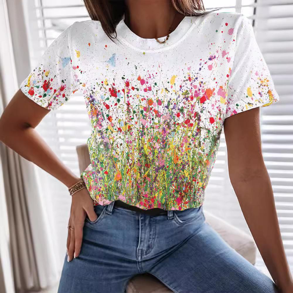 Oil Painting Series Digital 3D Printed Women's Short Sleeve T-shirt Flower Abstract Round Neck T-shirt