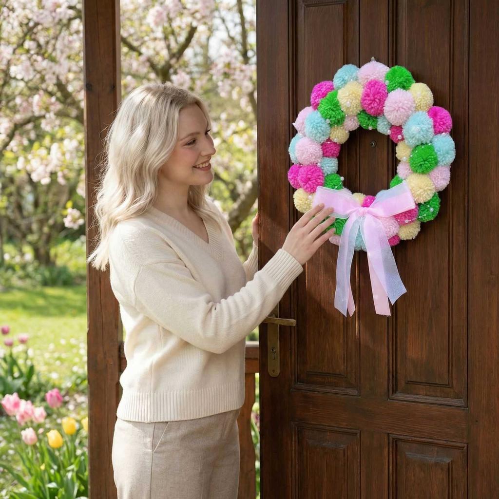Easter Wreath Door Decoration Hanging Floral Circle, Plush Balls For Indoor Outdoor Porch Decoration