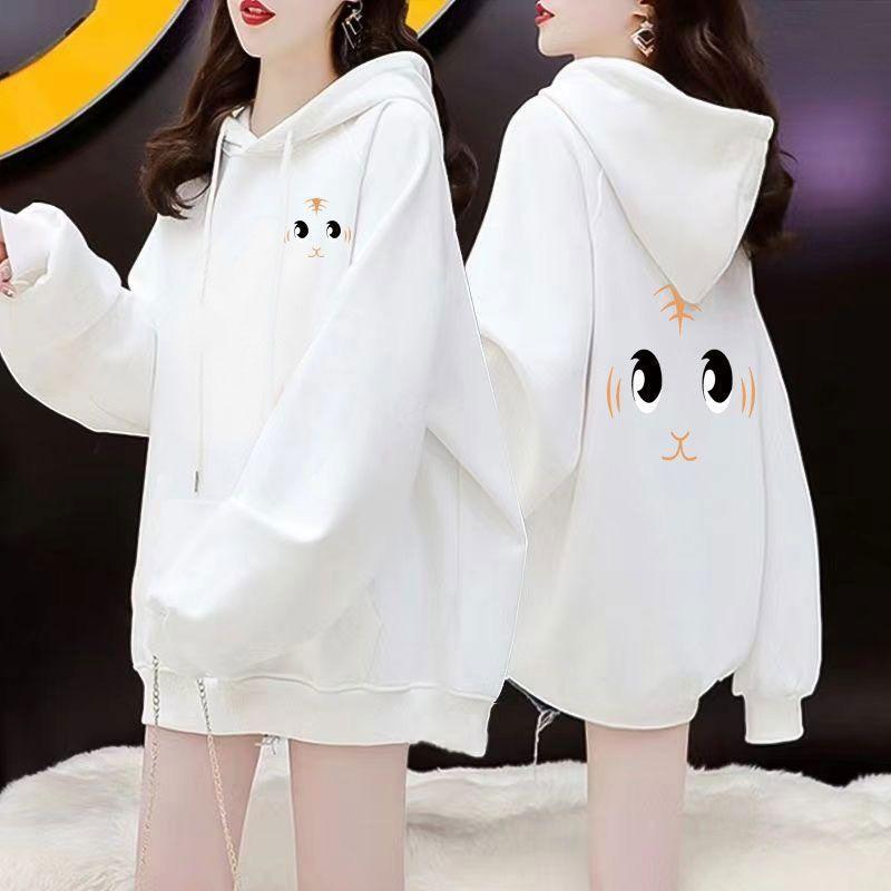 Autumn and Winter Fleece Pullover Hoodie, Fashionable Cartoon Print, Large Size Loose, Slimming, Versatile Hoodie