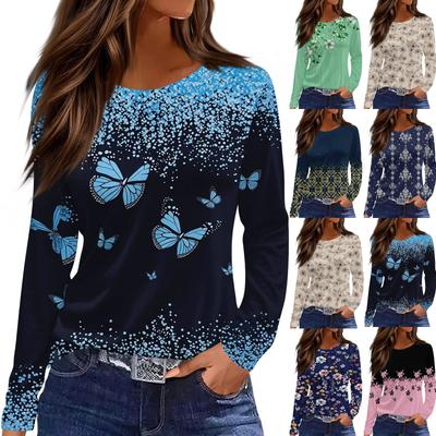 Moda feminina casual fenda bainha gola redonda manga comprida solta estampa camiseta feminina top