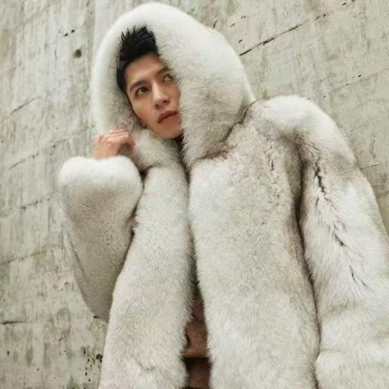 Autumn and Winter New Men's Imitation Fox Fur Hooded Jacket Fashion Temperament Casual Fur Coat Thickened Top