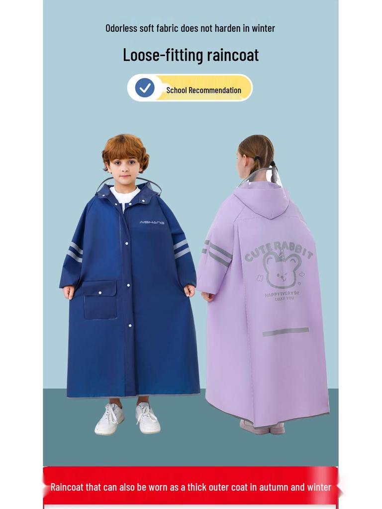 Kids' Long Raincoat with Backpack Compartment - Stormproof Poncho for School, Boys & Girls Plus Size