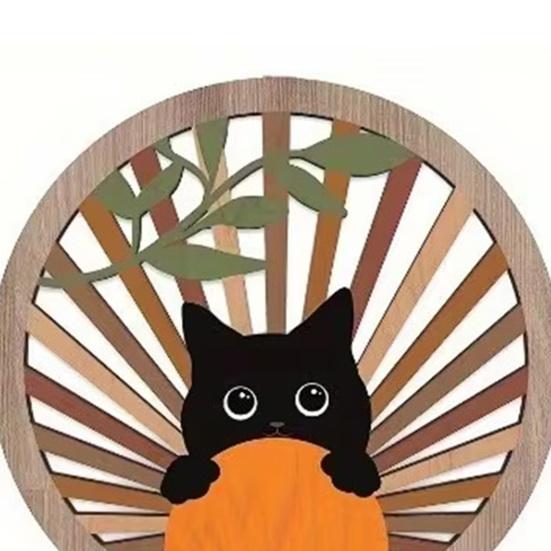 4 Adet Boho Siyah Kedi Duvar Dekoru Çiftlik Evi Geometrik Oyma Asılı Ahşap Duvar Sanatı Komik Kedi Bohem Soyut Yuvarlak Daire İşareti Kreş İçin
