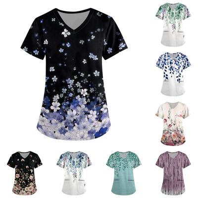 Loose Fit V Neck Short Sleeve Medical Scrub Top with Pockets for Nurses Caregivers Floral Print Comfortable Workwear