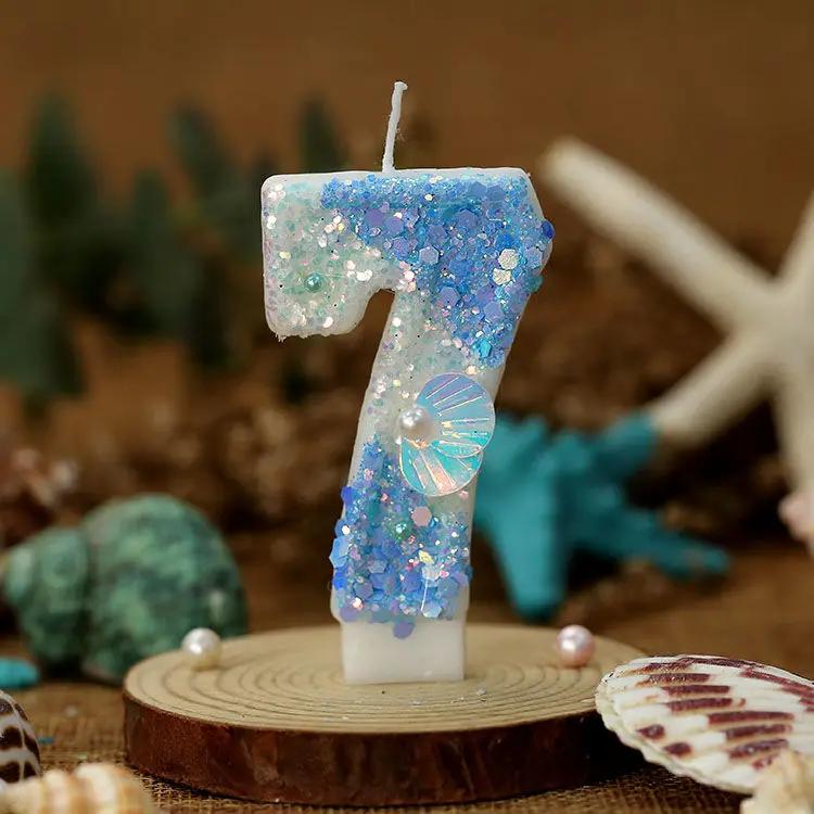 Gradual Change Blue Ocean Shell Digital Birthday Candle, Creative Birthday Party Cake Decorations, 520 Anniversary Candle