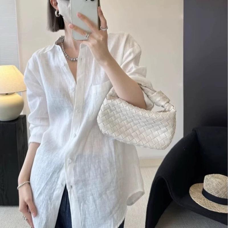 Women's French White Cotton Linen Long-Sleeve Shirt - Summer Loose Fit, Old Money Style.