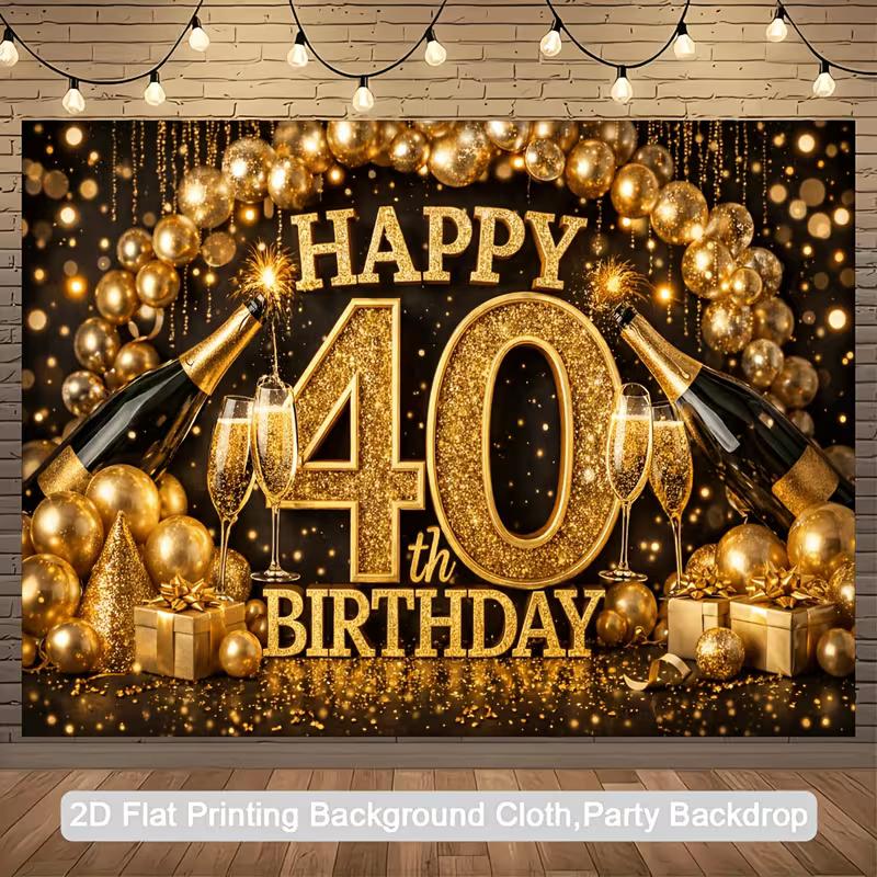 Fondo 2D para Fiesta de 40 Cumpleaños, Tema Negro y Dorado con Botellas de Champán para Decoración de Fiesta
