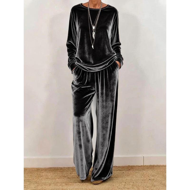 New Women's Casual Round Neck Pullover Long Sleeves and Trousers Velvet Multi-color Women's Suit