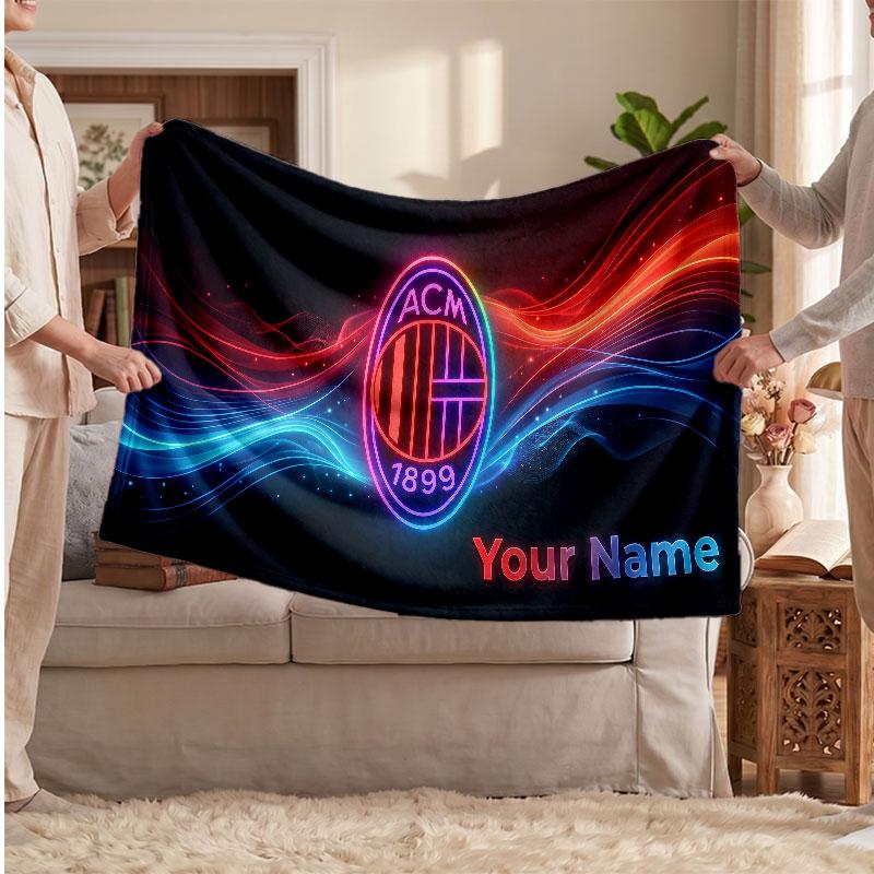 Coperta in Pile Personalizzata AC Milan con Logo Calcio, Testo Nome Personalizzato Morbida Calda Coperta da Divano per la Casa