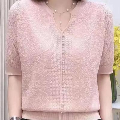 French Ice Silk Short Sleeved Summer Loose and Thin V-neck T-shirt with a Heavy Nail Bead Style Design for Women