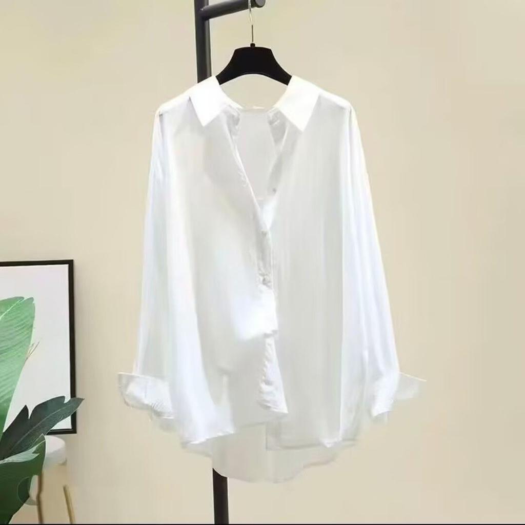 Korean Style Loose Casual Long Sleeve Shirt Pure Color Mid Length Flowy Blouse