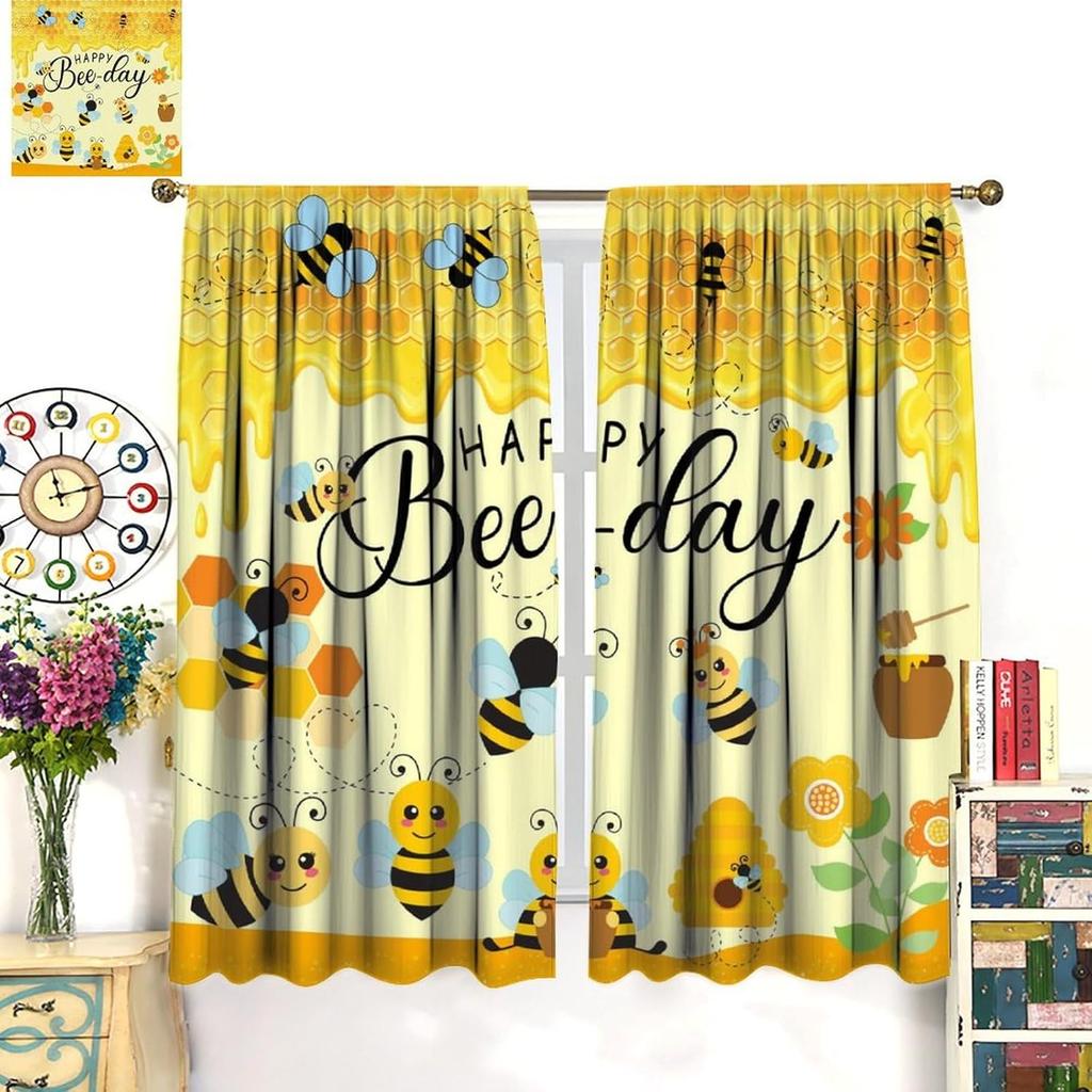 Bee Curtains Boy Girl Bedroom Spring Yellow Honeybee Inspirational Art Printed Window Drapes Living Room Curtain Light Blocking Polyester Ideal For