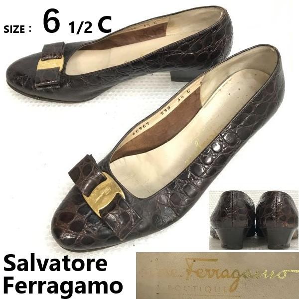 

Salvatore Ferragamo Made in Italy Vara Ribbon Pumps Brown Crocodile Leather Size 6.5C 23.0 23.5(USED)