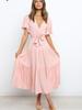 New Style V-Neck Solid Color Short Sleeve Ruched High-Waisted Dress Bohemian Maxi Dress
