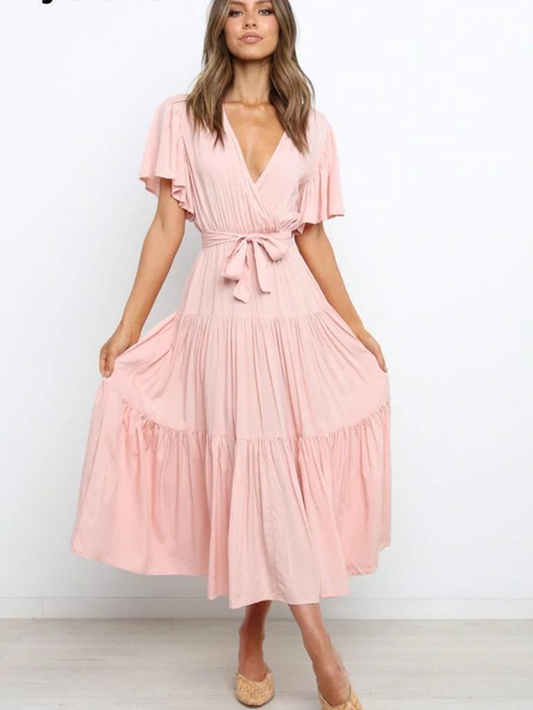 New Style V-Neck Solid Color Short Sleeve Ruched High-Waisted Dress Bohemian Maxi Dress
