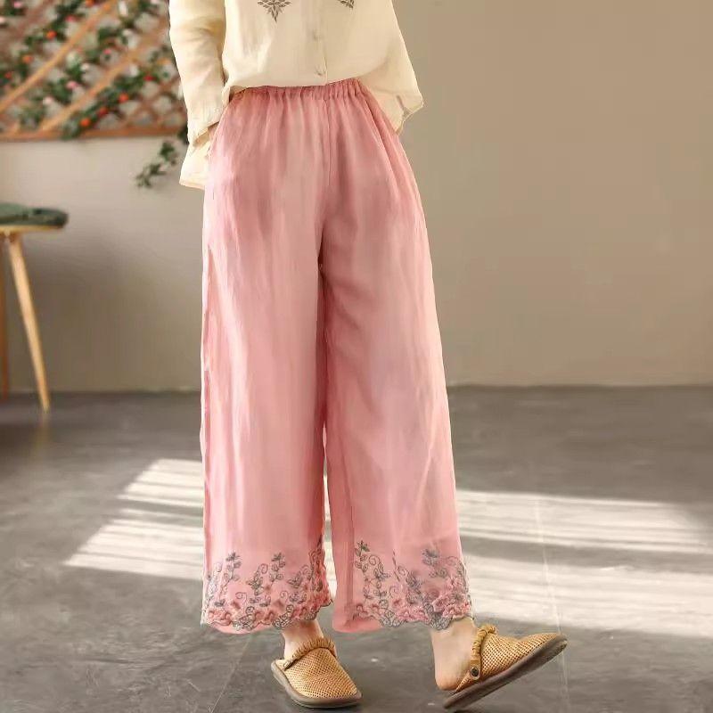 New Chinese-style Ramie Casual Pants for Women in Summer New Loose High-waist Embroidered Versatile Double-layer Wide-leg Pants