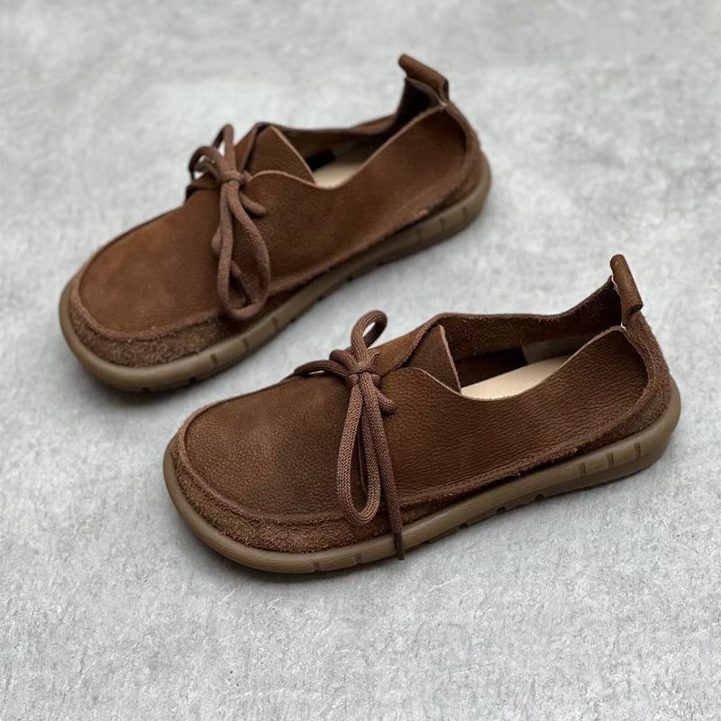 Johnature Håndlaget ekte skinnsko for kvinner Rund tå, lav, myk såle Loafers Retro ensfargede sko